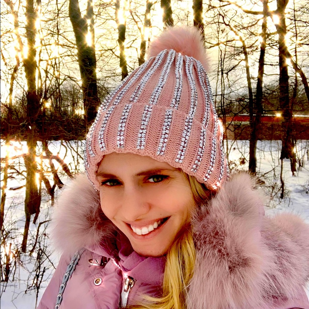 Pink Rhinestone Hat, Bling Warm Winter Beanie, Ski